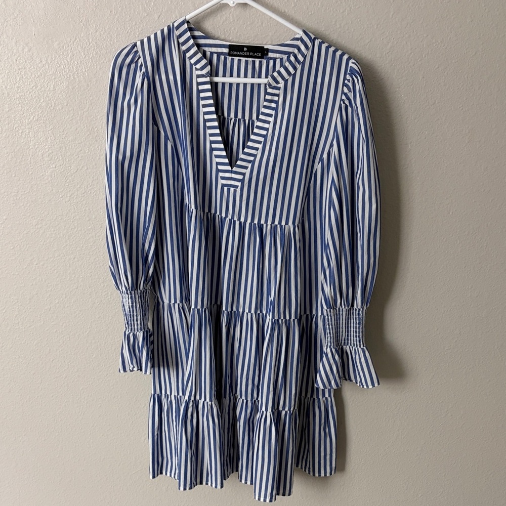 Tuckernuck.  Pomander Place.   Blue & White Striped Tiered Long-Sleeve Dress